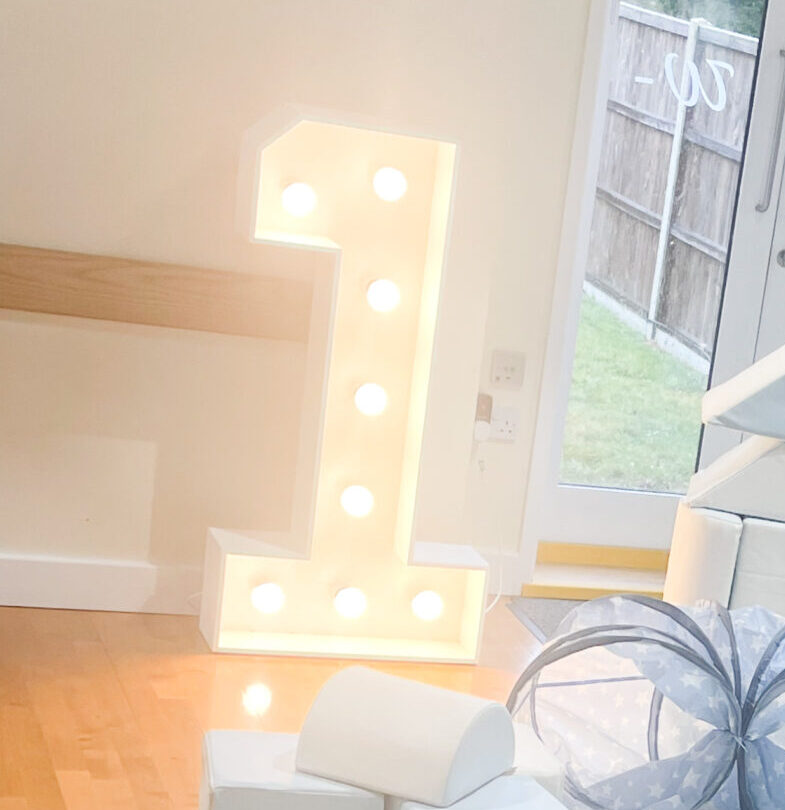 Large number 1 over 1m tall with 8 full size lightbulbs lit-up inside